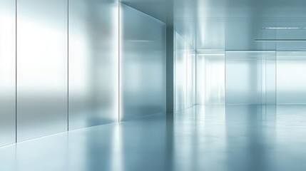 Obraz premium Modern minimalist hallway with metallic walls and glossy reflective floor