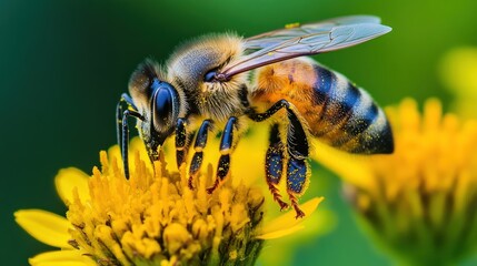 Fototapeta premium Honeybee on Yellow Flower Macro Photography