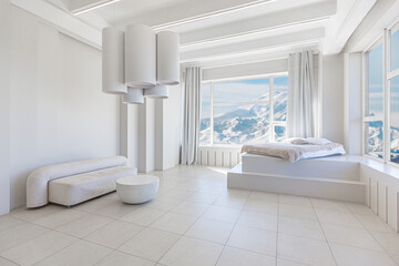 modern pure white interior design of a spacious room features a cozy bed and stylish furniture....