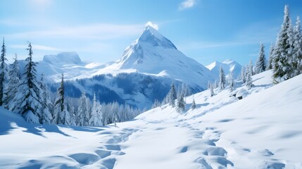 Fototapeta premium Scenic icons depicting a snowy mountain glacier and winter forest landscape on a clean white background This minimalist geometric design can be used as a pattern backdrop or symbol for winter nature