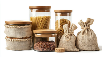 Fototapeta premium Set of glass containers with bamboo lids filled with various food items, including pasta, grains, and snacks, arranged aesthetically for modern kitchen