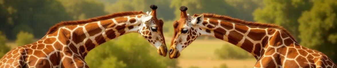 Obraz premium Adult giraffes engage in a shoving match, heads lowered , wildlife behavior, competition, giraffe