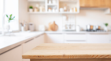 Blank wooden table with blur white interior of kitchen as background