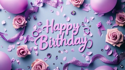Enchanting pastel purple birthday card design with roses and balloons celebratory theme festive environment creative viewpoint