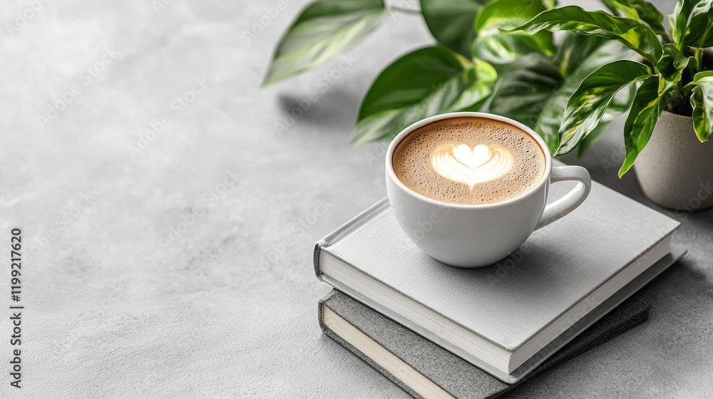 Aufkleber a serene workspace features a white coffee cup atop a stack of books, with intricate latte art resem