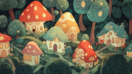 Enchanted mushroom village nestled in a lush forest at night. Whimsical houses with glowing windows, perfect for fairytale illustrations and fantasy artwork.