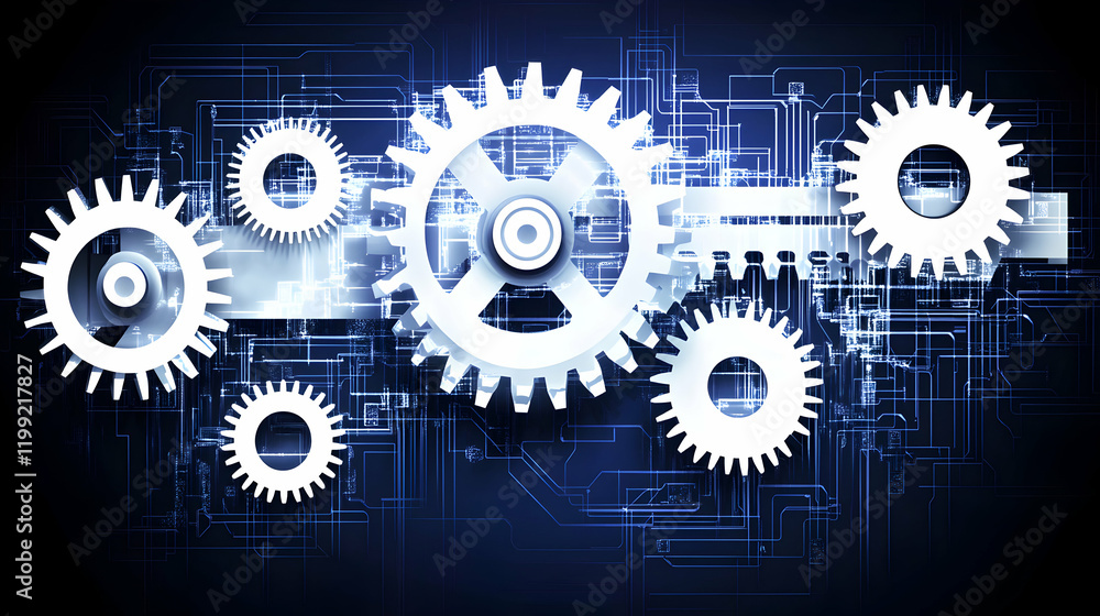 Poster abstract image of interconnected gears representing teamwork, technology, and complex systems. ideal