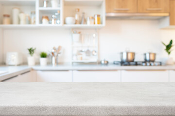 Gray kitchen table top for product display on blurred interior background