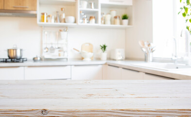 Old wooden table top with copy space on bright blurred kitchen interior background