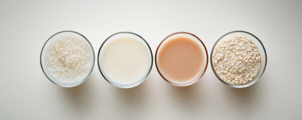 Diverse selection of dairy free drinks including rice milk, oat milk, and more, showcasing variety of textures and colors in glass bowls
