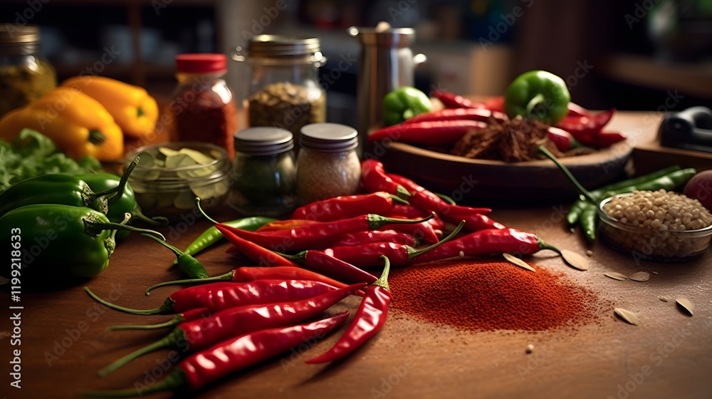 Poster a diverse array of freshly harvested chili peppers in various shades of red orange and green artfull