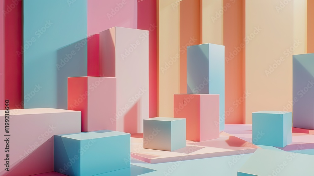 Poster a 3d digitally rendered image of colorful cubes in a geometric layout.