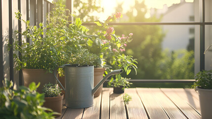Sunlit balcony garden with various potted plants and a watering can. Peaceful and serene.