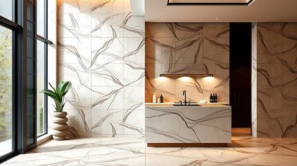 Modern Luxury Kitchen Interior Design: Beige Marble Walls and Minimalist Decor