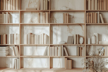 High end study with built in wooden bookshelves. Luxurious home office setting background. Minimalist reading space design.