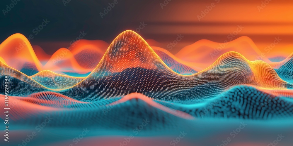 Poster abstract data landscape: a mesmerizing, abstract landscape of vibrant teal and orange undulating wav