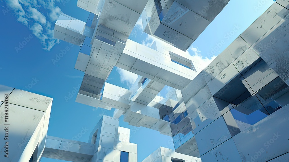 Poster a modern architectural design featuring stacked cube-shaped structures.