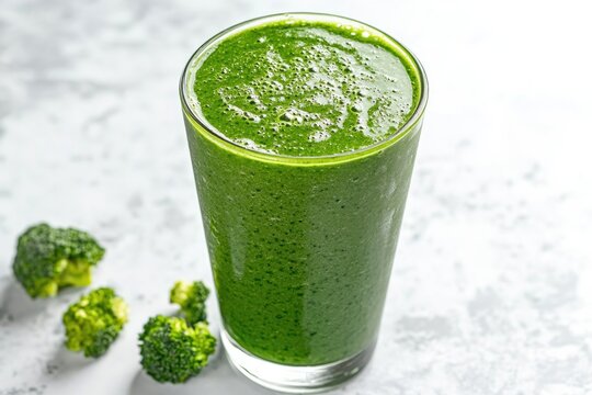 Fresh green smoothie brimming with nutrients, surrounded by broc