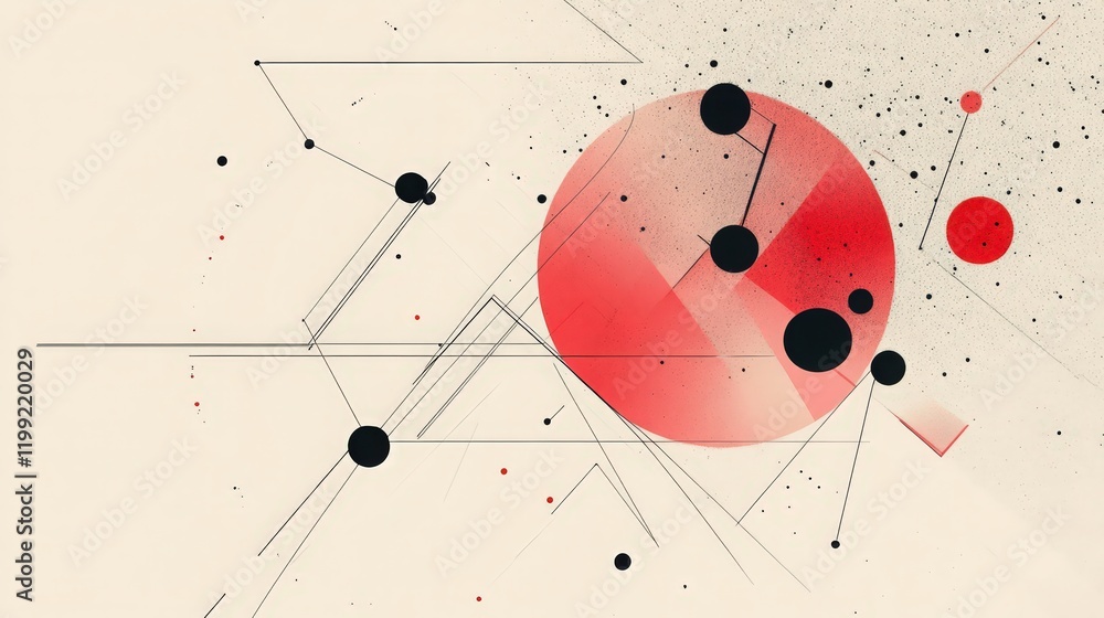 Poster abstract geometric composition with intersecting lines, circles and speckled elements