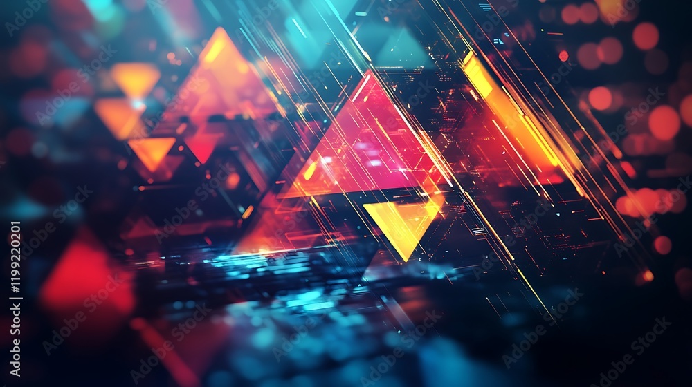 Poster abstract digital artwork featuring vibrant triangles glowing lines for creating a dynamic energetic 