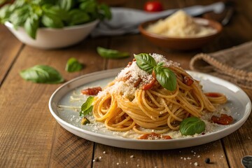 Heaped plate of delicious Italian spaghetti pasta with fresh basil leaves rustic wood table
