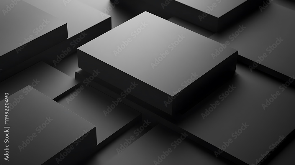 Poster abstract 3d render of dark cubes with geometric shapes create a monochrome minimalist design.