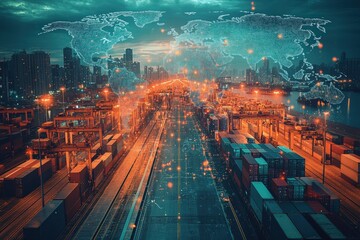 Global shipping hub container port operations overview urban environment digital mapping night view industrial impact