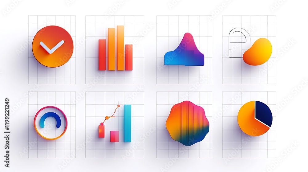 Poster eight vibrant 3d charts graphs visualizing data progress trends ideal for reports presentations dash