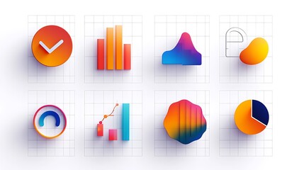 Eight vibrant 3D charts graphs visualizing data progress trends Ideal for reports presentations dashboards concept.