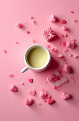 Romantic composition for Valentine's Day with a cup of coffee, heart-shaped candies on a pink background. 