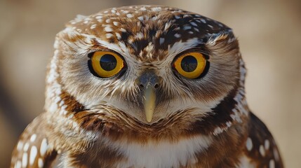 Fototapeta premium A close-up of a brown and yellow eyed owl with a serious expression.