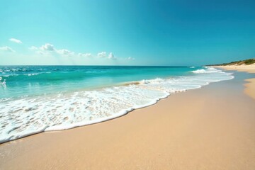 Sun-kissed sand meets turquoise waves, gentle surf , peaceful, gentle wave, beach