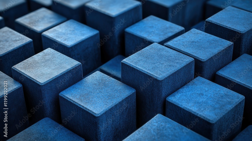 Poster abstract close-up of blue textured cubes arranged in a dynamic pattern, creating depth and interest