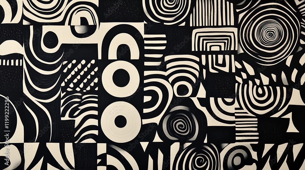 Poster striking black white abstract artwork featuring swirling shapes geometric patterns creating a captiv