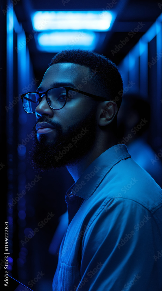 Aufkleber it engineer walking through a dimly lit server room, meticulously checking and maintaining essential