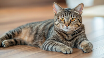 A poised tabby cat lounging elegantly on a polished hardwood floor. The cat's confident gaze and sleek fur exude charm and sophistication.