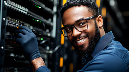 Smiling IT Technician Working on a Server in a Modern Data Center.  A Portrait of a Happy Professional in the Tech Industry