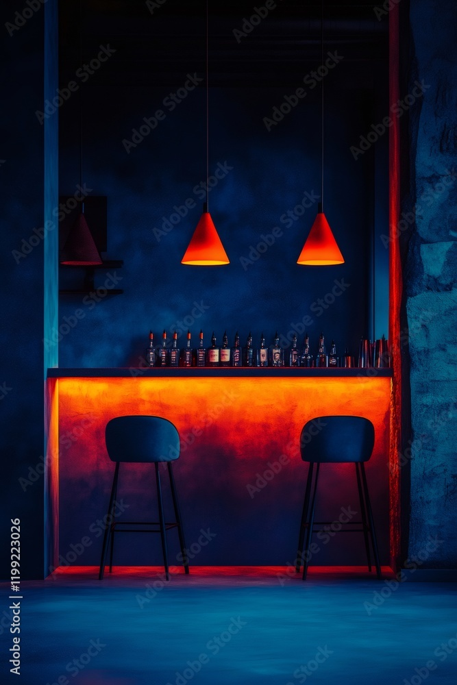 Poster empty bar counter illuminated with red and blue lights in modern pub