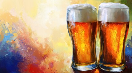 Two frosty glasses of beer sit against a vibrant, colorful background, evoking a festive atmosphere