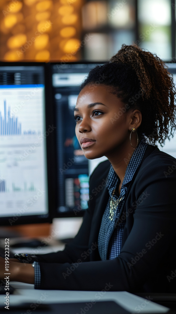 Leinwandbilder Young black financial analyst working diligently at a desk, analyzing graphs and data on multiple computer screens in a bustling office at night