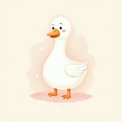Charming White Cartoon Goose Standing Among Pink Flowers on Peach-Colored Ground with Soft Glowing Background for Children's Art and Storybook Themes