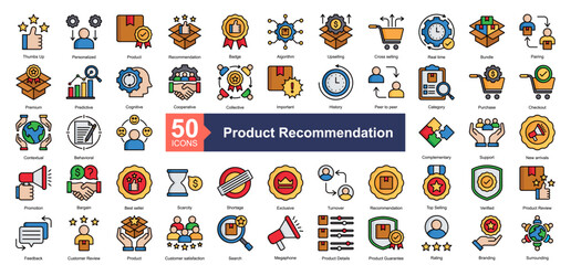 Product Recommendation Icon Collection Set.Containing Personalized, Product, Recommendation, Badge, Algorithm, Upselling, Cross selling, Real time icon. Simple lineal style Vector Illustration.