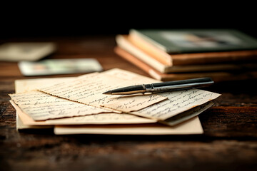 Obraz premium collection of vintage letters and photographs on wooden table, evoking nostalgia and memories