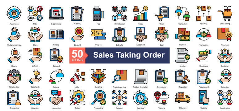 Sales Taking Order Icon Collection Set.Containing Automation, CRM, E-commerce, Inventory, Pos Terminal, Omnichannel, Sales icon. Simple lineal style Vector Illustration.