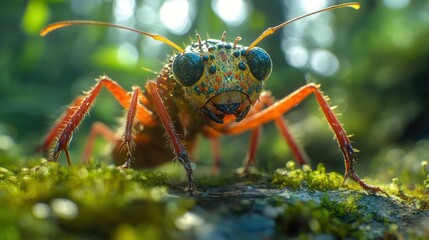 Fototapeta premium A close-up of a colorful insect on a mossy rock.