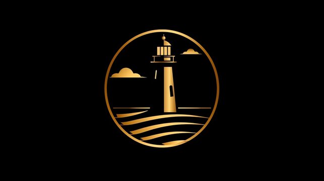 A golden lighthouse in a circle on a black background.