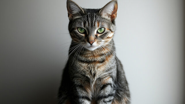 A close-up of a tabby cat's intense green eyes, framed by intricate fur patterns, set against moody lighting. A perfect choice for impactful and artistic storytelling.