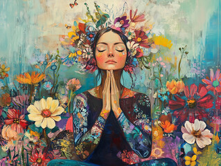 Serene Woman in Floral Meditation – Vibrant Artistic Expression of Mindfulness and Nature