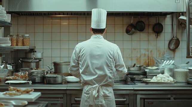 In a vibrant kitchen setting, a focused chef in a white uniform and tall hat diligently prepares dishes amid the aroma of spices and sizzling ingredients, showcasing culinary artistry and skill