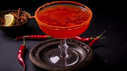 Spicy Chili Infused Cocktail with Vibrant Chili Garnish on the Rim   A Zesty and Tempting Beverage Perfect for Mexican Inspired and Parties
